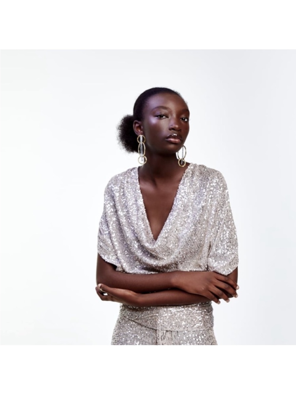 Zara Silver Sequin Draped V-Neck Top